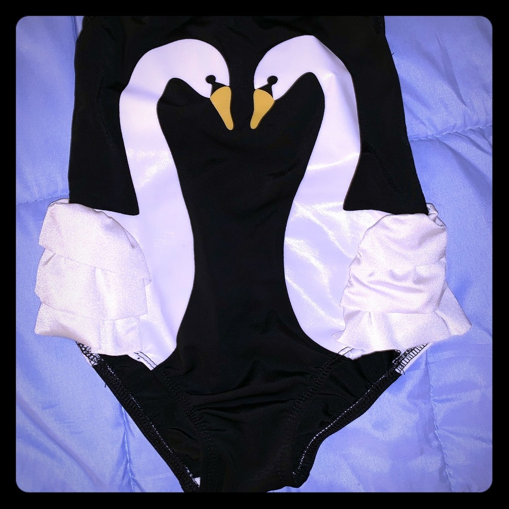 Toddler girls black bathing suit with swan design
